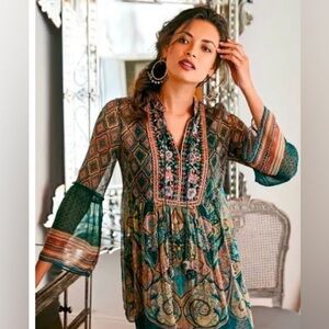 Soft Surroundings Emerald Shira Peasant Blouse Top Medium